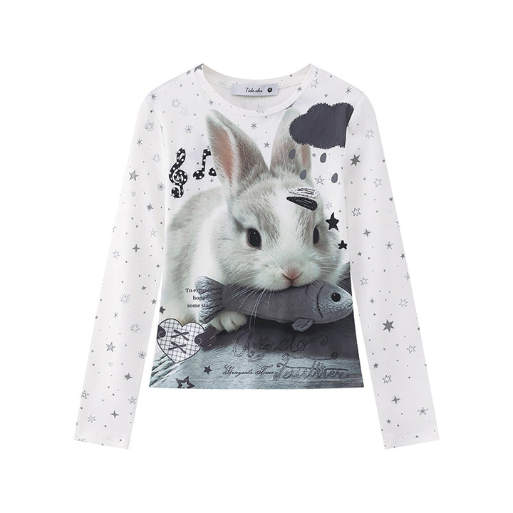 Damen Langarmshirt mit fotorealistischem Hasen-Fotoprint, Allover-Sternenmuster und elastischem Jersey Echoarchiv