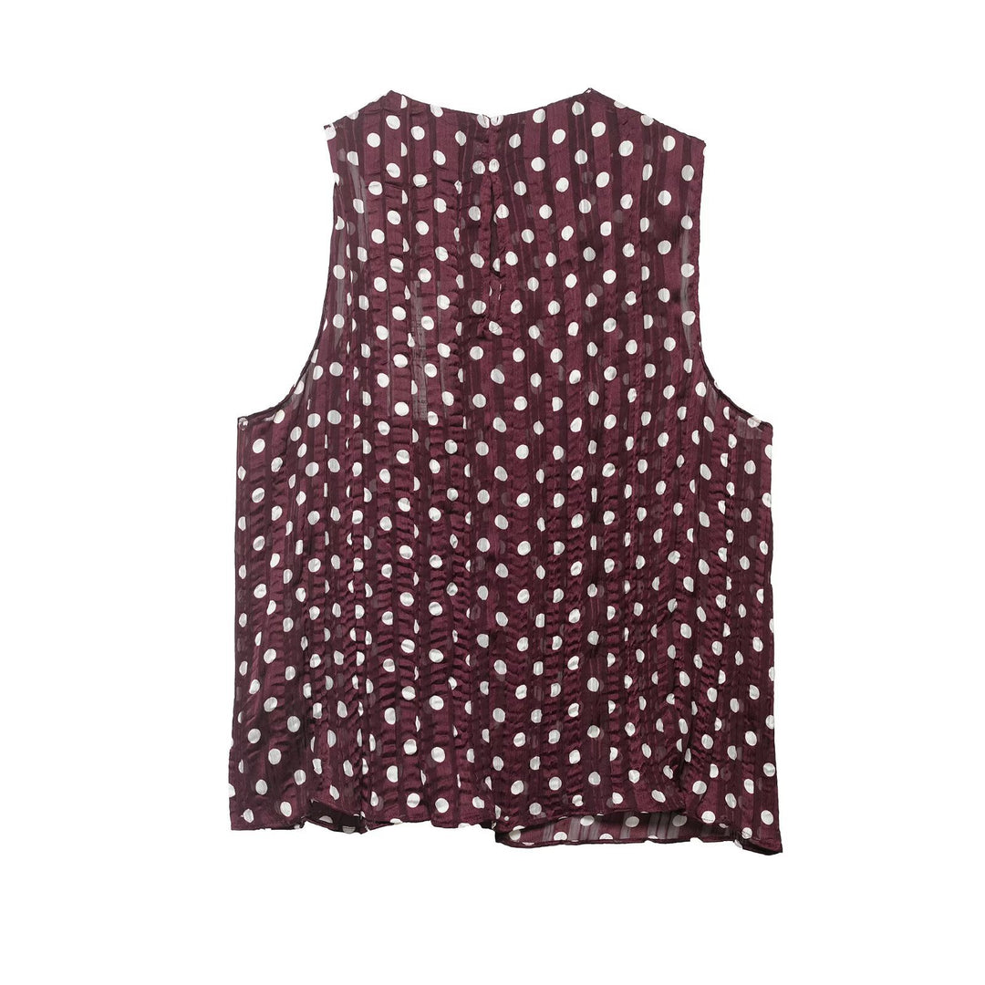 Damen Ärmellose plissierte Chiffonbluse mit Tupfenmuster und Wasserfallkragen Echoarchiv