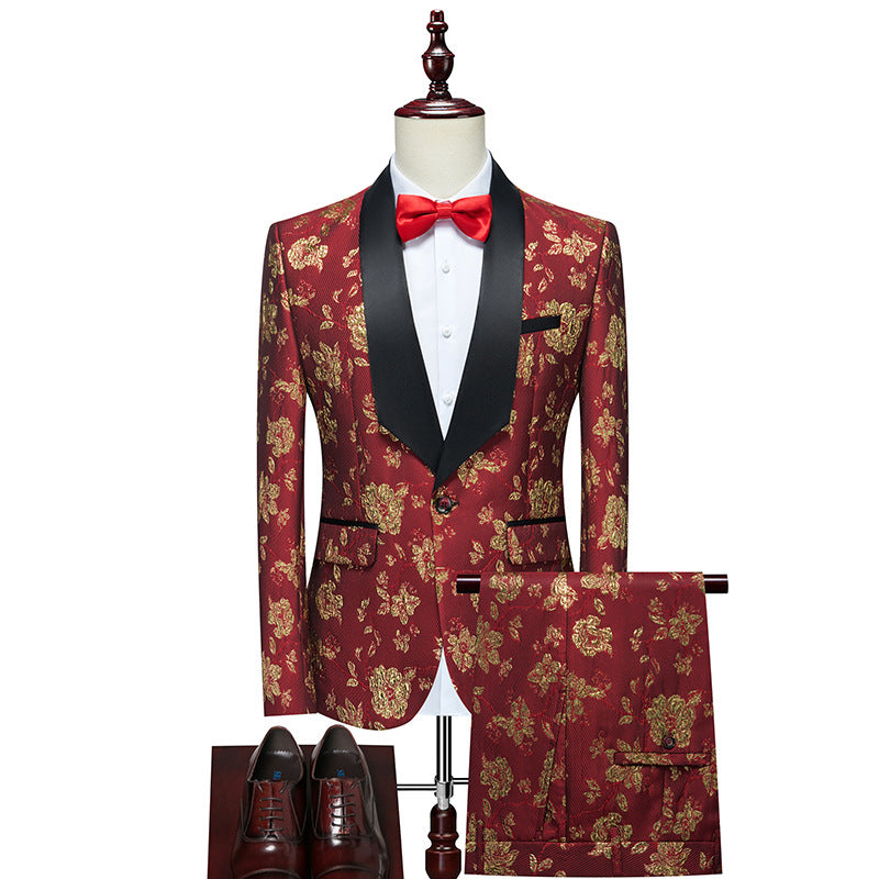 Herren Luxuriöses dreiteiliges Smoking-Set mit Schalrevers und Blumen-Jacquard Echo Archiv