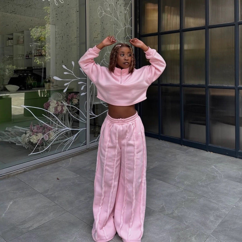 Damen Crop-Halbzip-Sweatshirt und High-Waist Wide-Leg Loungehose Set mit sichtbaren Naht-Details – Avérine