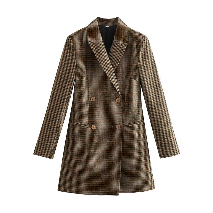 Damen nan taillierter zweireihiger Longblazer mit Glencheck-Struktur, Schalkragen und Pattentaschen Echo Archiv