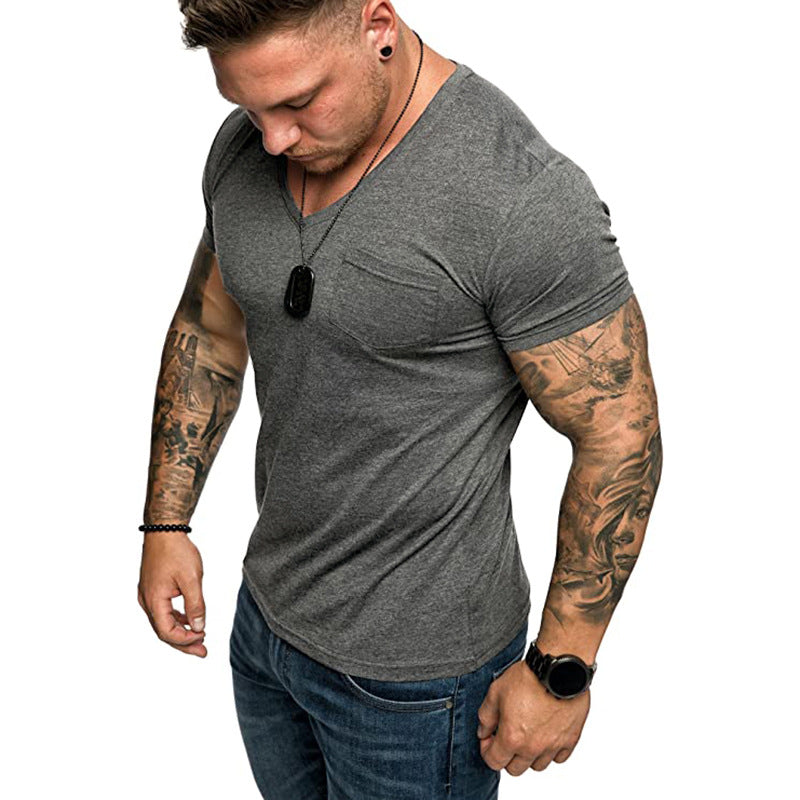 Herren V-Ausschnitt T-Shirt aus weicher Baumwolle mit Brusttasche Echoarchiv