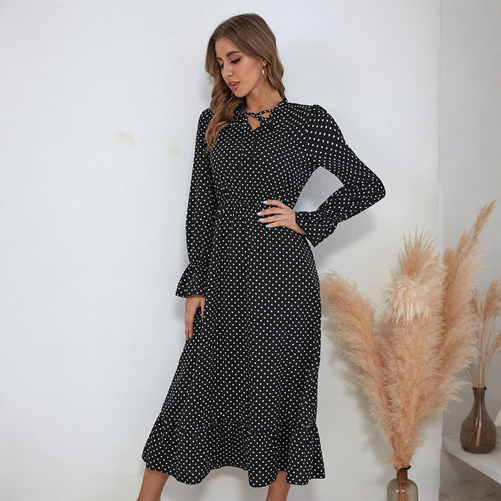 Damen Polka‑Dot Midikleid mit Schlüsselloch‑Detail, Smok‑Taille und Volantsaum – Élara