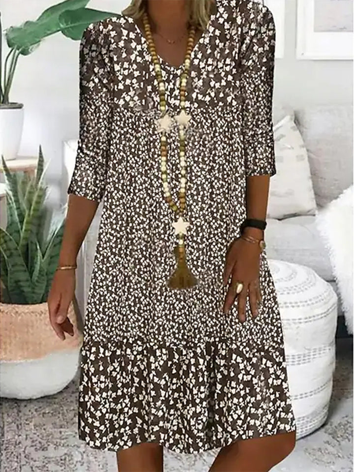 Damen Lockeres Midi-Kleid im Boho-Stil mit V-Ausschnitt, Dreiviertelärmeln und gestuftem Saum – Élara