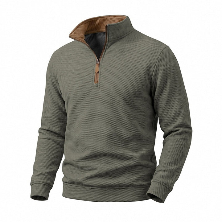 Herren Struktur-Halbzipp-Pullover mit Stehkragen und Kontrastinnenkragen Echoarchiv