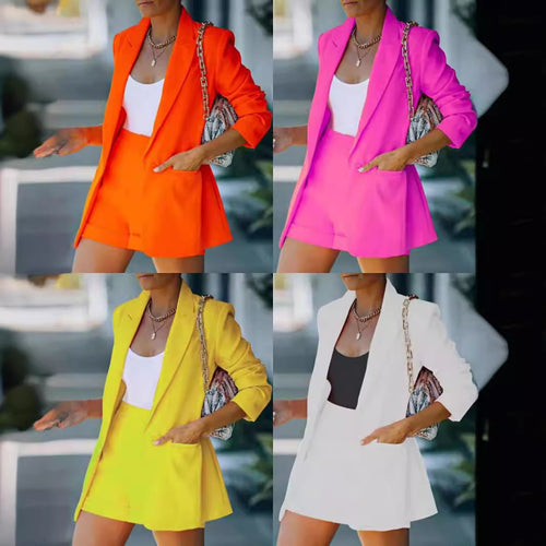 Damen nan figurbetontes Longblazer- und High-Waist-Shorts-Set mit überschnittenen Schultern und aufgesetzten Taschen Echo Archiv