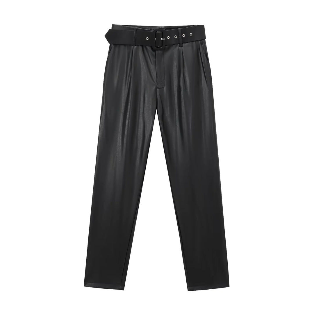 Damen taillierte Highwaist-Hose mit Bundfalten, schmal zulaufendem Bein und breitem Ziergürtel – Avélisse