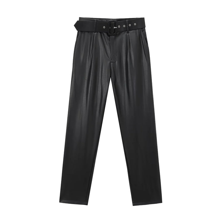 Damen taillierte Highwaist-Hose mit Bundfalten, schmal zulaufendem Bein und breitem Ziergürtel – Avélisse