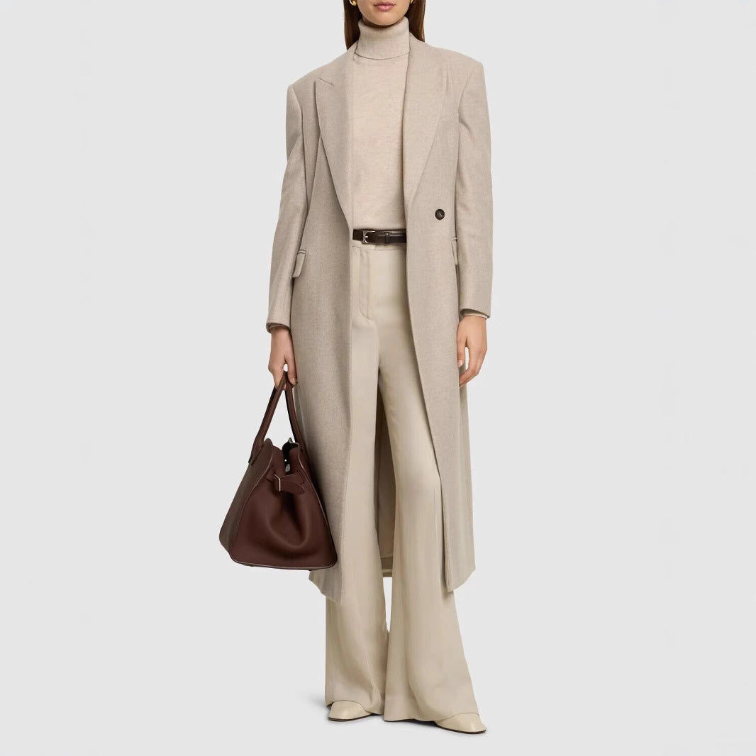 Damen Taillierter Longline Wollmixmantel mit schlanker Silhouette und Einreihiger Knopfleiste Echoarchiv