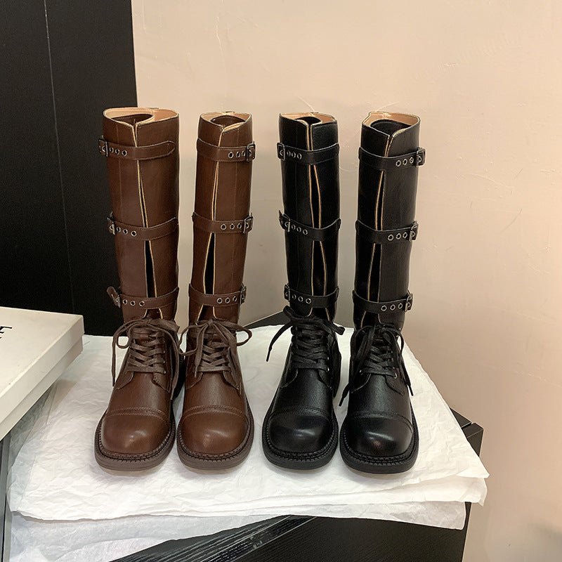 Damen kniehohe Schnürstiefel mit Zier- und Verstellschnallen Echo Archiv