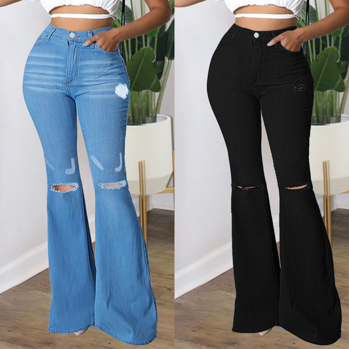 Damen Hochtaillierte Schlaghose aus Stretch‑Denim mit Knieausrissen und formendem Bund Echo Archiv