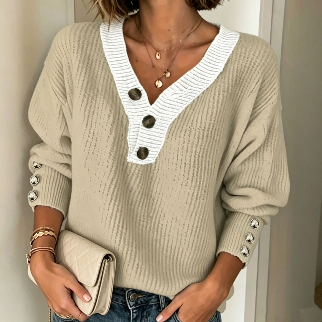 Damen Feinstrickpullover mit tiefem V-Ausschnitt, kontrastierter Knopfleiste und Zierknopf-Ärmeln – Mavelle