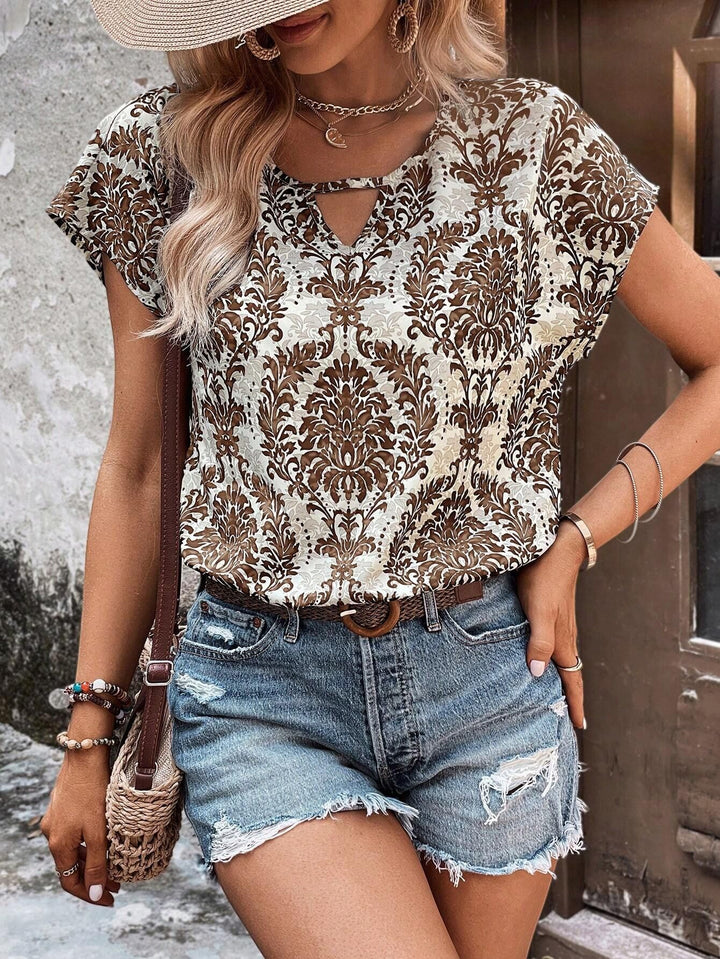 Damen Lässiges Kurzarm-Viscose-Top mit Keyhole-Ausschnitt und Barockmuster Echo Archiv
