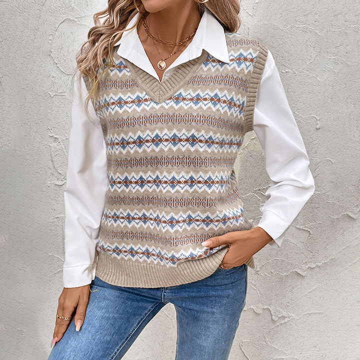 Damen Modischer Strickpullover mit V-Ausschnitt und geometrischem Muster Echo Archiv