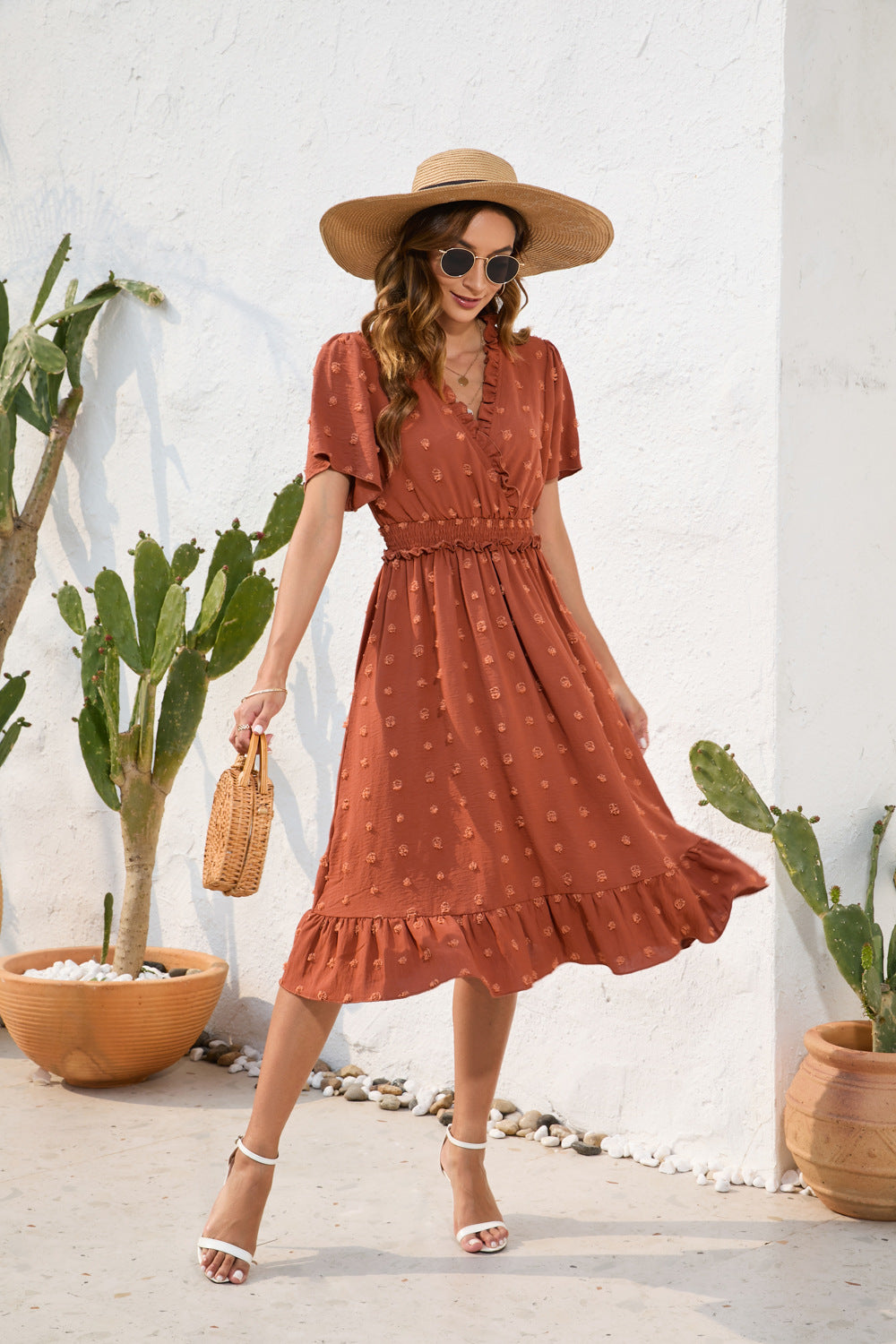 Damen Midikleid mit raffiniertem V-Ausschnitt, elastischem Taillenzug und fließendem Rock Echo Archiv