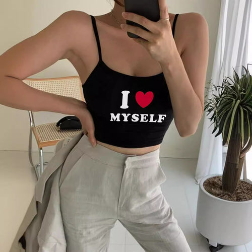Damen Crop-Top mit motivierendem Statementdruck und feinen Spaghettiträgern Echo Archiv