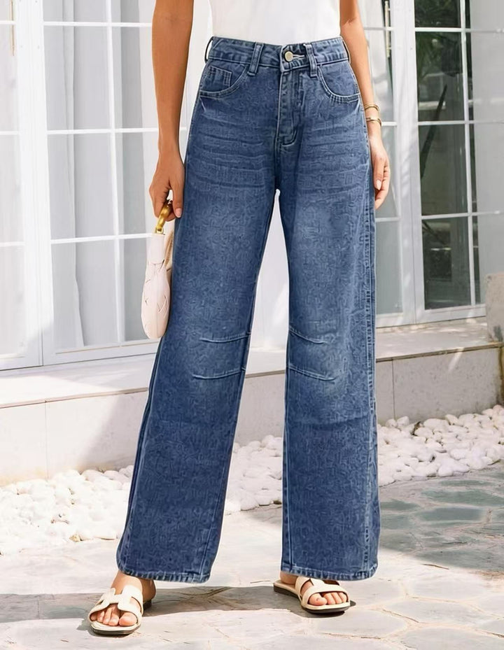 Damen nan High-Waist weite Denim-Hose mit ausgestelltem Bein und tonalen Knie-Abnähern Echo Archiv