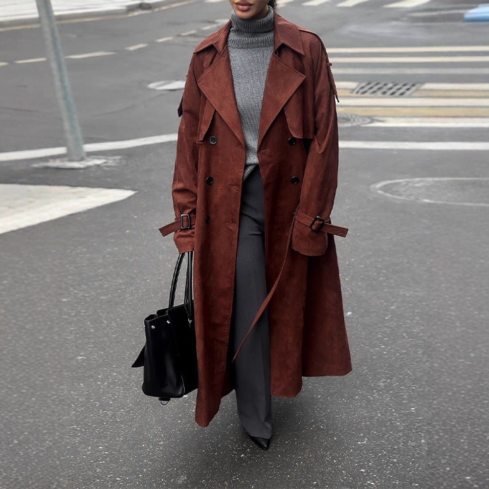 Damen langer Trenchcoat aus Veloursimitat mit doppelter Knopfleiste Echoarchiv