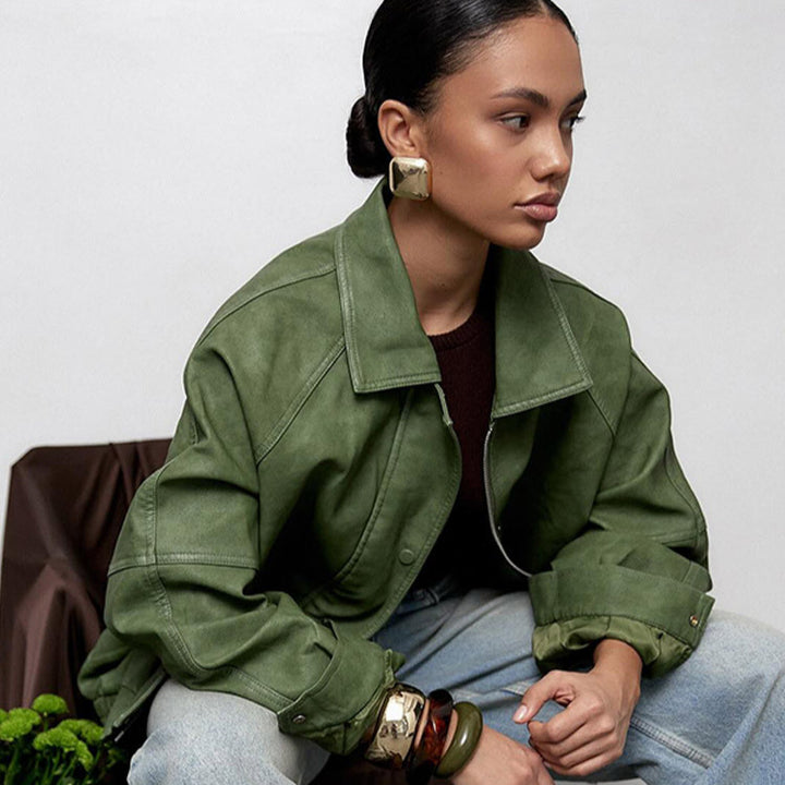 Damen Oversize-Lederimitatjacke im Boxy-Cut mit Raglanärmeln und Zweiwege-Reißverschluss Echoarchiv