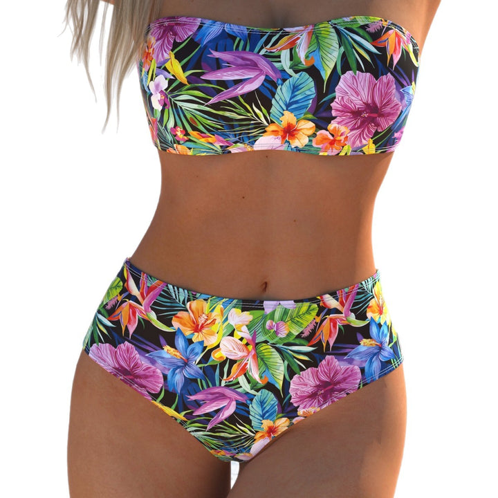 Damen Bandeau-Bikini mit hohem Taillenschnitt und buntem Tropenmotiv Echo Archiv