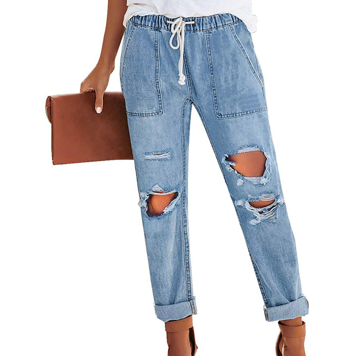 Damen nan lässige Destroyed-Denim-Jogger mit elastischem Kordelbund und aufgesetzten Fronttaschen Echo Archiv