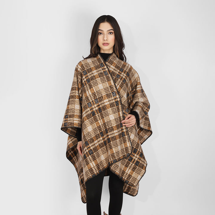 Damen Oversize Wollmix-Capeponcho im Rechteckschnitt mit Karomuster und dekorativer Kettelkante – Avérine