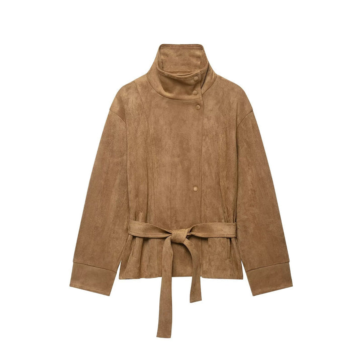 Damen Kurze Velourslederjacke mit hohem Stehkragen und Bindegürtel Echo Archiv