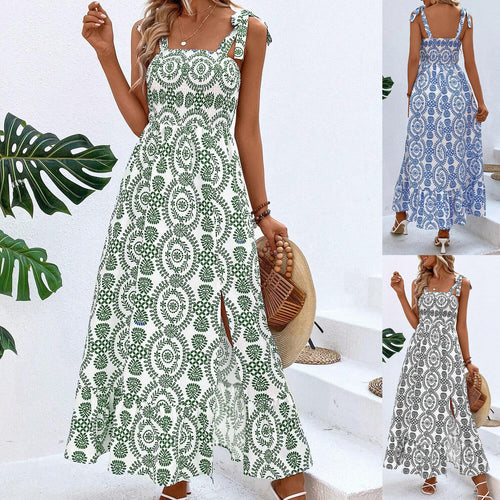 Damen Maxikleid mit Smok-Bustier, Bindeträgern und seitlichem Beinschlitz – Valéora