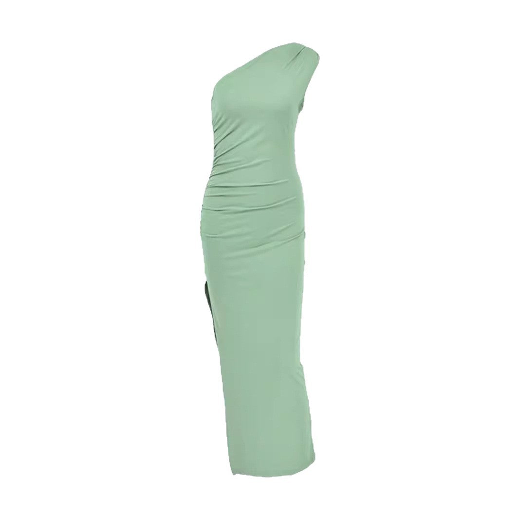 Damen elegantes langärmliges Maxikleid mit asymmetrischem Ausschnitt und Rüschendetails Echo Archiv