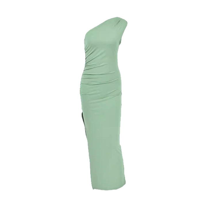 Damen elegantes langärmliges Maxikleid mit asymmetrischem Ausschnitt und Rüschendetails Echo Archiv