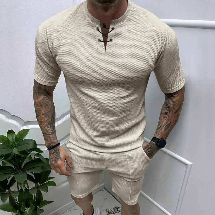 Herren sportliches Kurzarm-Henley-Set mit modernem Strukturdesign Echoarchiv