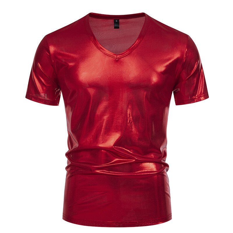 Herren V-Ausschnitt T-Shirt aus glänzendem Material mit persönlichem Stil Echoarchiv