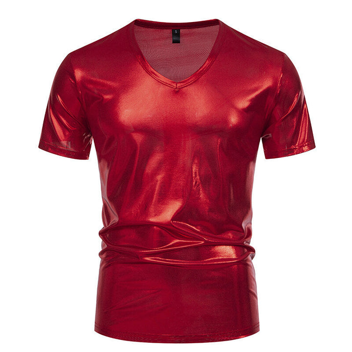 Herren V-Ausschnitt T-Shirt aus glänzendem Material mit persönlichem Stil Echoarchiv
