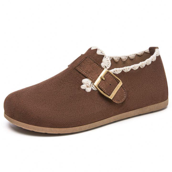 Damen nan kuschelige Mokassin-Slipper mit verstellbarem Schnallenriemen und gehäkelter Kantenverzierung Echo Archiv