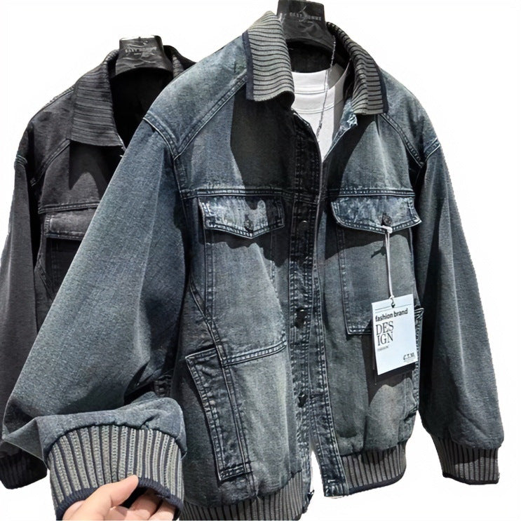 Herren Weitgeschnittene Jeansjacke mit geripptem Kontrastkragen und Vintage-Waschung Echoarchiv