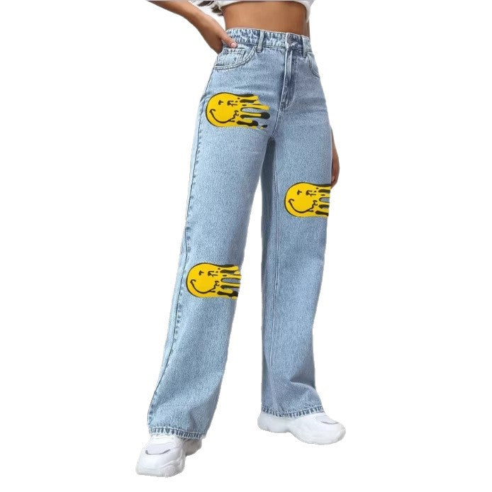 Damen hochtaillierte weite Denim-Jeans mit auffälligen Print‑Fleck‑Akzenten Echo Archiv