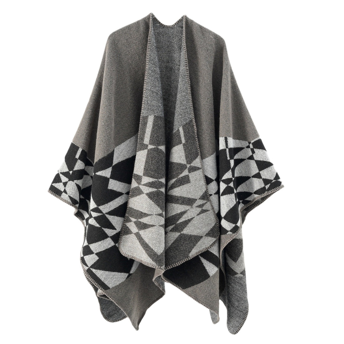 Damen Großer Strickponcho im Cape‑Schnitt mit Ziernaht und geometrischem Intarsia – Veloura
