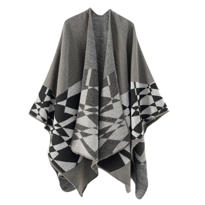 Damen Großer Strickponcho im Cape‑Schnitt mit Ziernaht und geometrischem Intarsia – Veloura