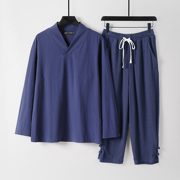 Herren Lockeres Loungewear-Set mit V-Notch-Stehkragen und Kordelzug-Hose Echoarchiv