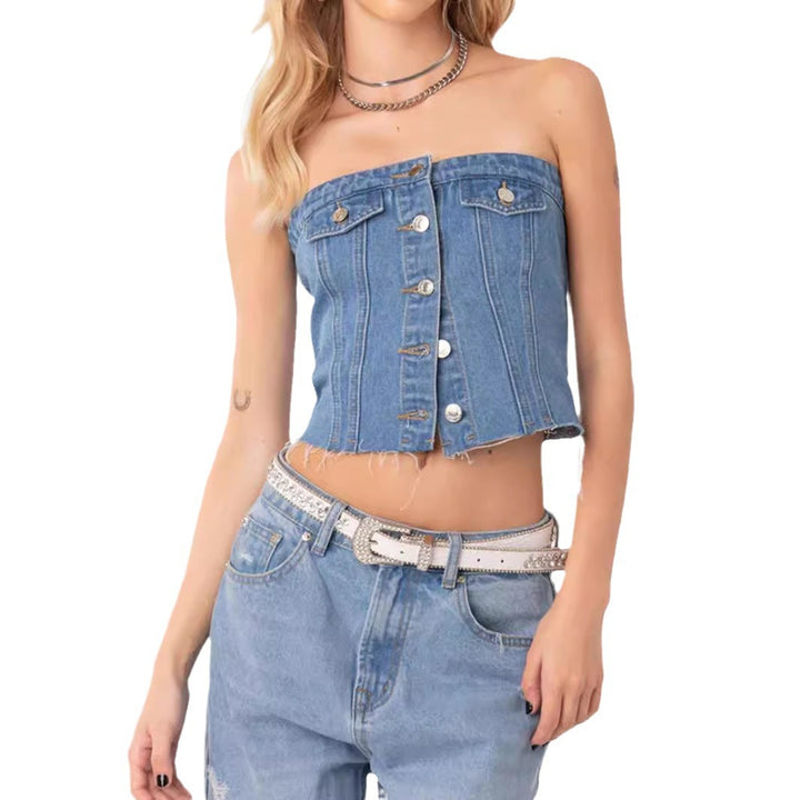Damen Denim-Crop-Top mit gestricktem Überwurf Echo Archiv