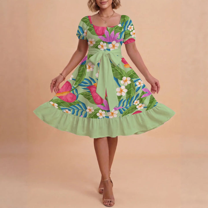 Damen Sommerkleid mit floralem Puffärmel und taillierbarem Gürtel Echo Archiv