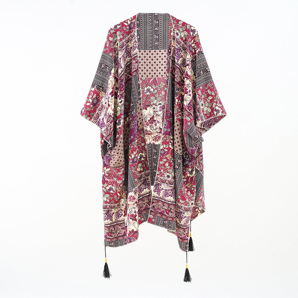 Damen Kaftan-Überwurf mit Patchwork-Blumenprint und Quasten – Avérine