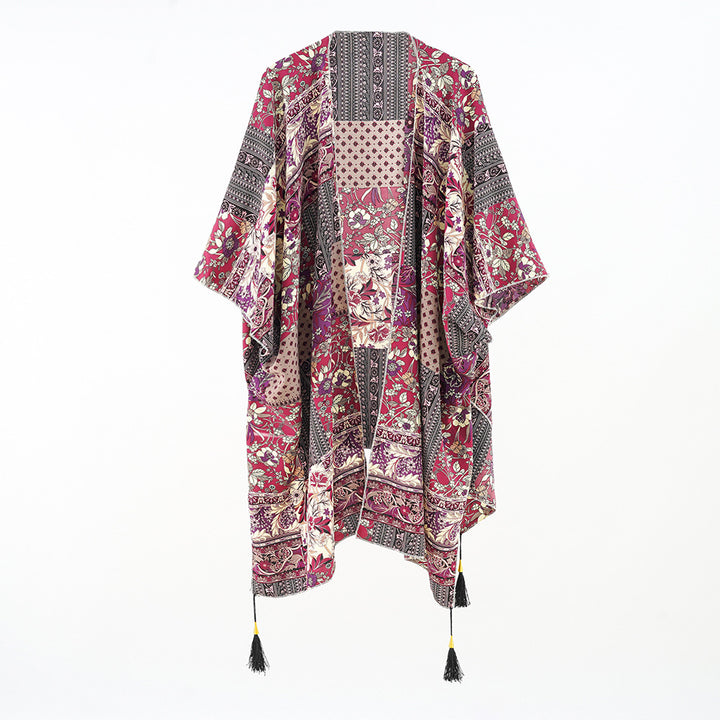 Damen Kaftan-Überwurf mit Patchwork-Blumenprint und Quasten – Avérine