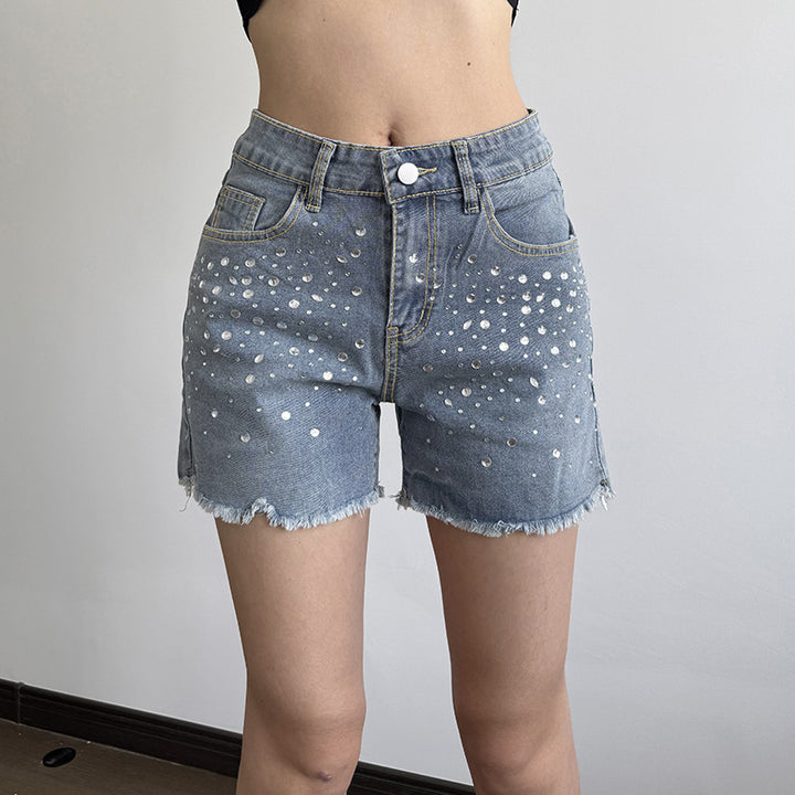 Damen Jeansshorts mit glitzernden Applikationen und fransigem Saum Echo Archiv