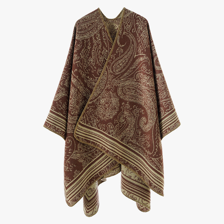 Damen Jacquard-Poncho im Ruana-Schnitt mit Paisley-Muster und breiter Bordüre – Avérine