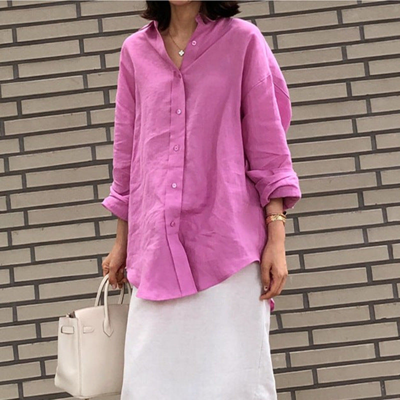 Damen Casual-Leinenbluse mit strukturierter Webung, überschnittener Schulter und krempelbaren Ärmeln – Élovi