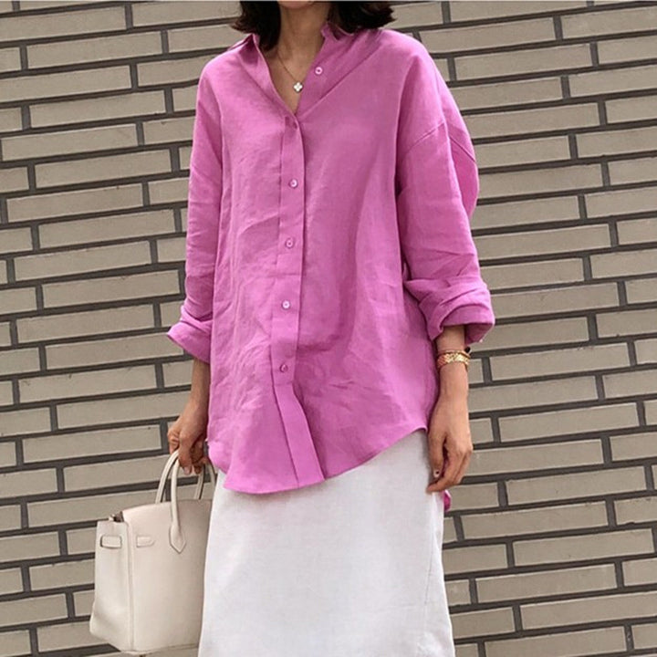Damen Casual-Leinenbluse mit strukturierter Webung, überschnittener Schulter und krempelbaren Ärmeln – Élovi