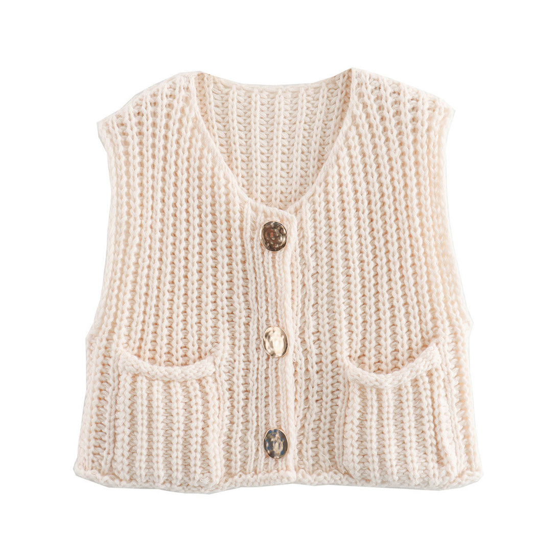 Damen Grobgestrickte Cropped Weste mit V-Ausschnitt und goldenen Zierknöpfen – Veloura