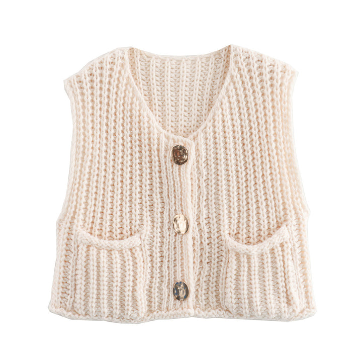 Damen Grobgestrickte Cropped Weste mit V-Ausschnitt und goldenen Zierknöpfen – Veloura