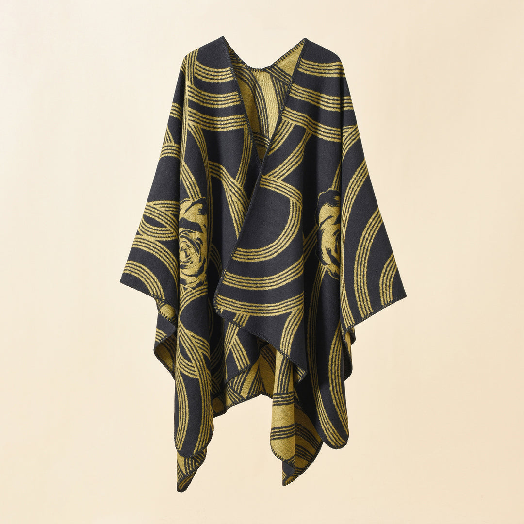 Damen Reversfreier Jacquard-Umhang im kastigen Oversize mit abstraktem Medaillonmuster Echo Archiv